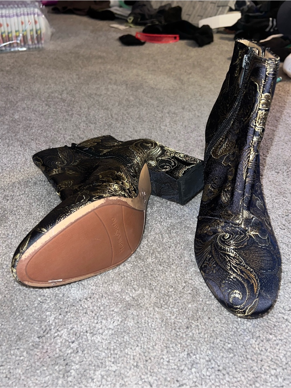 Franco Sarto Black & Gold Brocade Ankle Booties - Picture 3 of 5